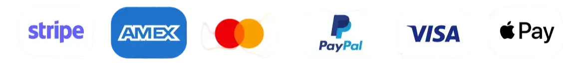 Secure payment methods — Visa, Mastercard, PayPal, Amex, Stripe